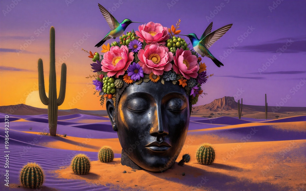 Fototapeta premium Desert head adorned with flowers and hummingbirds cacti scattered
