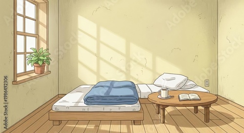 Cozy Minimalist Room with Bed, Table, and Green Plant Accents