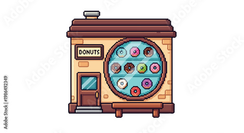 A charming pixel art vector illustration depicts a cozy donut shop with a large circular window showcasing a variety of colorful and tasty donuts.