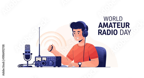 A vector illustration depicts a ham radio operator with headphones using a transceiver to transmit a signal during World Amateur Radio Day, set against a clean white background and rendered