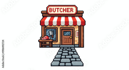 This pixel art vector depicts a traditional wooden butcher shop with a red-striped awning, displaying fresh meat and a cleaver on a stone path.