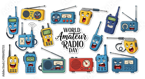 Cartoon-style illustration featuring a collection of vintage and modern amateur radio devices with expressive faces, celebrating World Amateur Radio Day with a playful design