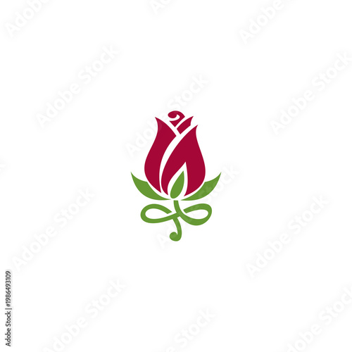 A clean and stylized illustration of a blooming rose bud centered on a white background. The flower head is rendered in a deep, velvety red, with curved petals that overlap to suggest depth and a spir