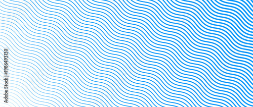 Blue wave texture gradient. Fading curved linear halftone gradation. Wavy water lines pattern wallpaper. Thin to thick undulate stripes background for overlay, print, cover, graphic design. Vector