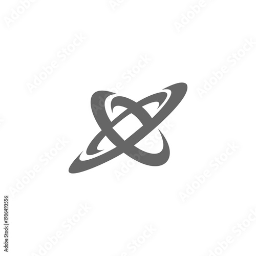 A sleek vector illustration of three intersecting orbital rings rendered in a solid medium gray. The rings are tilted at different angles, creating a dynamic sense of rotation and global coverage arou