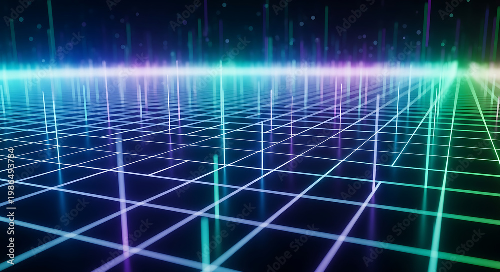 Fototapeta premium Futuristic Digital Grid with Neon Lights and Reflections.