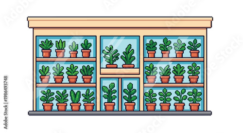 A detailed vector illustration of a modern indoor greenhouse cabinet filled with various potted green plants behind glass panels.