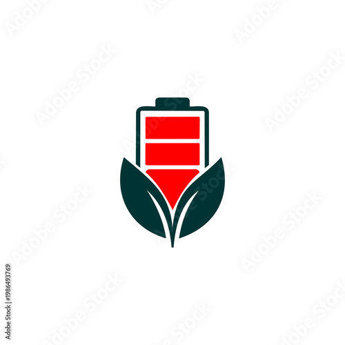 A minimalist vector logo featuring a digital battery icon nested within two symmetrical leaves.