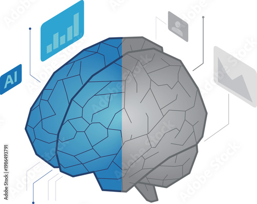 AIと脳　脳の老化と認知機能の低下のイラスト