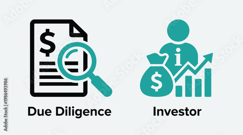 Due diligence investor concept with magnifying glass, financial analysis and money bag, business investment research vector illustration