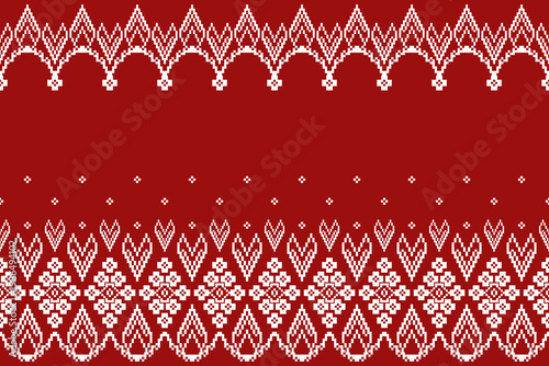 Top and bottom decorative border with heart motifs, floral cross band, and curved geometric edges on red background. Open center space for layout use, featuring pixel-style symmetry.