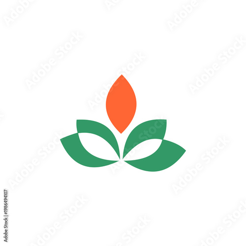 This minimalist vector logo features a stylized lotus or flower bud design composed of four green leaves at the base and a single, vibrant orange petal in the center. The clean, symmetrical arrangemen