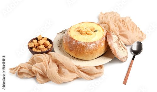 Plate with cheese soup in b...