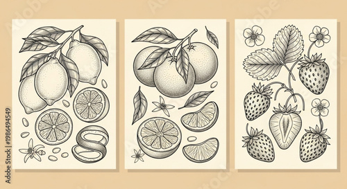 citrus fruits and sweet strawberries, capturing the essence of natural produce with a classic hand-drawn aesthetic