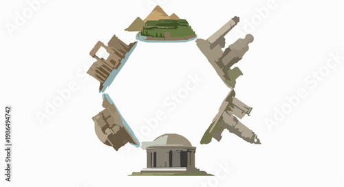 Seven wonders of the world vector illustration in circular layout with detailed landmark designs isolated on white