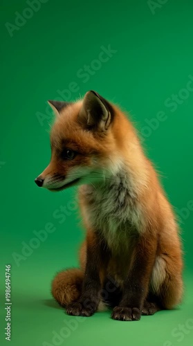 Cute red fox sitting and looking left against a green background with a shallow depth of field.