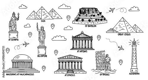 Seven wonders of the world doodle vector illustration with famous landmarks collection isolated on white background