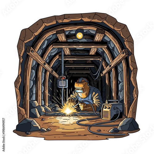 Miner welding in underground mine tunnel with sparks and equipment