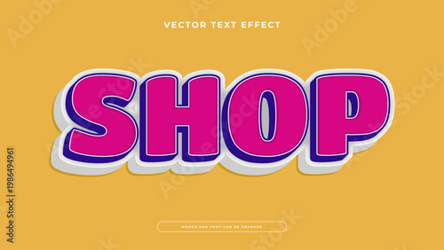 High quality 3d shop text effect with pink and purple layers on orange background for retail branding