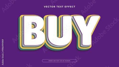 Bold 3d buy text effect with multi layered colorful shadows on deep purple background