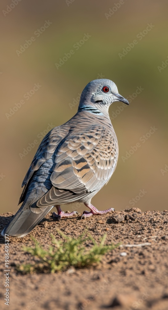 Fototapeta premium Elegant turtle dove perched on rock with nature background in bright sunlight