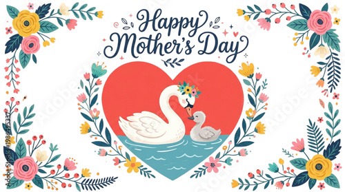 Mother Swan and Cygnet Heart Love Greeting Card Design for Mother's Day Celebration and Family Bonding