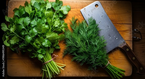 Fresh organic parsley and thyme herb bunches on a rustic wooden board for healthy cooking