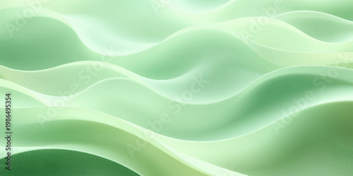 An abstract green silk background features smooth flowing waves of satin fabric with a soft liquid texture and elegant light patterns for a modern textile backdrop design