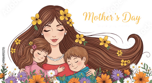 Mother's Day Hug: Loving Mom Embraces Children, Floral Background, Warm Family Love, Greeting Card Design