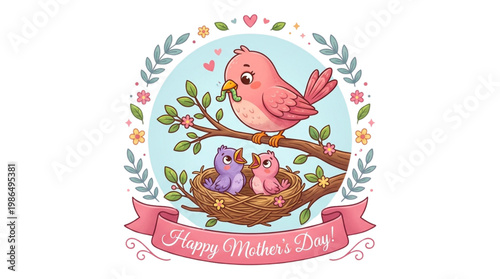 Mother Bird Feeding Chicks in Nest, Happy Mothers Day Greeting Card, Family Love, Cute Illustration