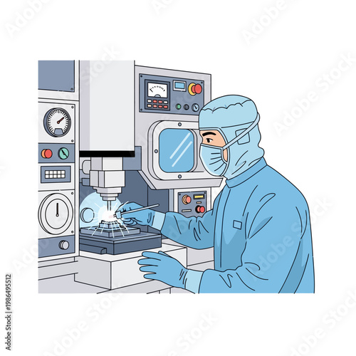 Scientist in cleanroom suit working with high-tech equipment in laboratory