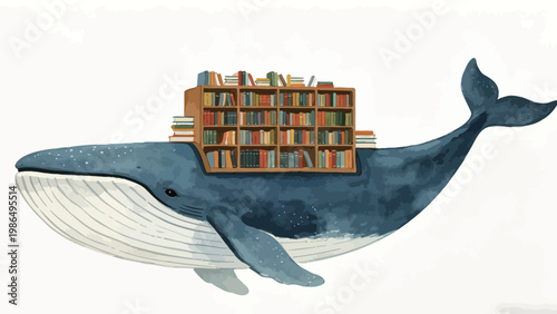 Whimsical Watercolor Illustration of a Blue Whale Carrying a Full Wooden Bookshelf Filled With Books, Fantasy Nautical Art for Literature and Reading Lovers