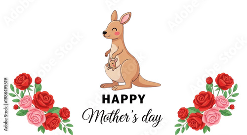 Cute Kangaroo Mom and Baby Celebrate Happy Mother's Day with Roses for Greeting Cards and Gifts