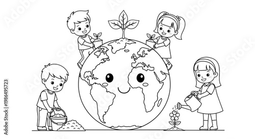 Children Plant Saplings on Happy Earth for Eco-Friendly Future, Earth Day, Environmental Awareness, Sustainability