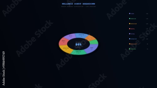 A sophisticated holographic interface for human wellbeing monitoring displays an evolving circular data visualization with vibrant colorful segments reflecting optimal health metrics