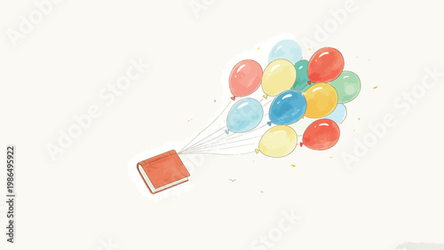 Watercolor Illustration of a Hardcover Book Carried Aloft by a Bunch of Colorful Balloons, Imaginative Artwork Celebrating the Freedom and Magic of Reading