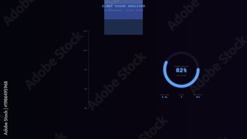 A sophisticated digital interface for Human Wellbeing Monitoring displaying a futuristic sleep stage analyzer as a glowing circular progress bar animates through various percentage increments