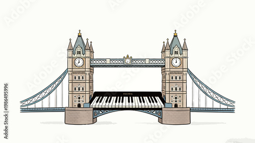 Surreal Creative Illustration of London's Tower Bridge Transformed With a Grand Piano Keyboard as the Lower Bridge Span, Whimsical Concept Art on Plain Background