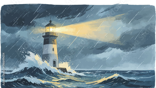 A Solitary Lighthouse Stands Firm Against Crashing Storm Waves in a Torrential Downpour, Emitting a Warm Golden Beam of Light that Cuts Through Dark Stormy Clouds, Watercolor Illustration