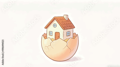 Whimsical Cute Illustration of a Small Cozy Cottage Nestled Inside a Cracked Empty Eggshell, Soft Warm Pastel Color Artwork With Plain Clean Background, Creative Concept Art for Home and Housing