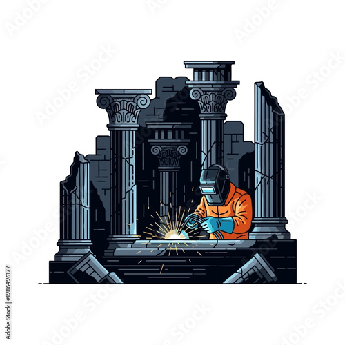 Welder repairs ancient ruins, sparks fly, industrial restoration concept