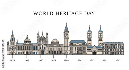 Vector illustration celebrating World Heritage Day, showcasing historical landmarks along a horizontal composition with ancient architecture, cultural diversity, and cultural heritage