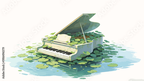 Aged White Grand Piano Resting in Shallow Still Water, Overgrown with Lush Green Aquatic Leaves, Watercolor Illustration, Gentle Whimsical Dreamlike Aesthetic