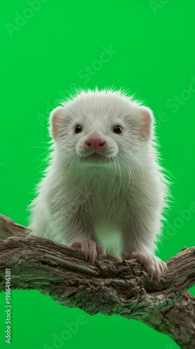 Close-up of a white ferret sitting on a tree branch against a green screen background.