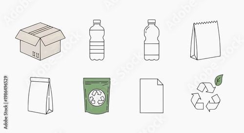 Line art icons of sustainable packaging and recycling. Illustrates eco-friendly materials (cardboard, plastic, paper) and universal recycle symbol for waste management