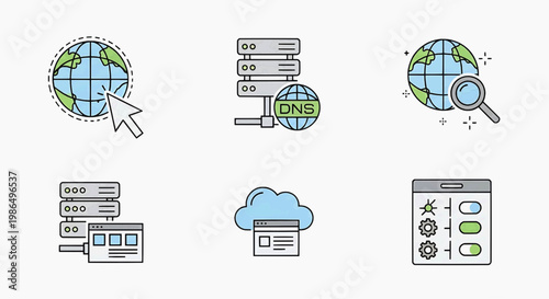 A comprehensive collection of modern flat line icons illustrating essential internet, data, and networking concepts, including cloud computing, server management, and web development interfaces