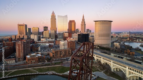 Downtown Cleveland skyline at sunset
