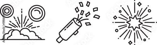 Celebration fireworks and party popper icons during festive events Isolated on white background