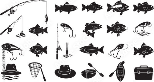 Fishing icons and silhouettes on white background