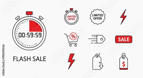 Comprehensive vector icon set for flash sales, limited-time offers, discounts, and promotional campaigns, ideal for e-commerce, retail marketing, and digital advertising interfaces